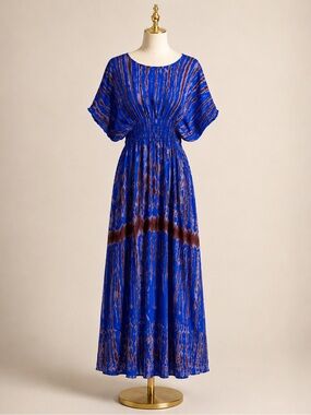 Blue Patterned Maxi Dress with Smocked Waist